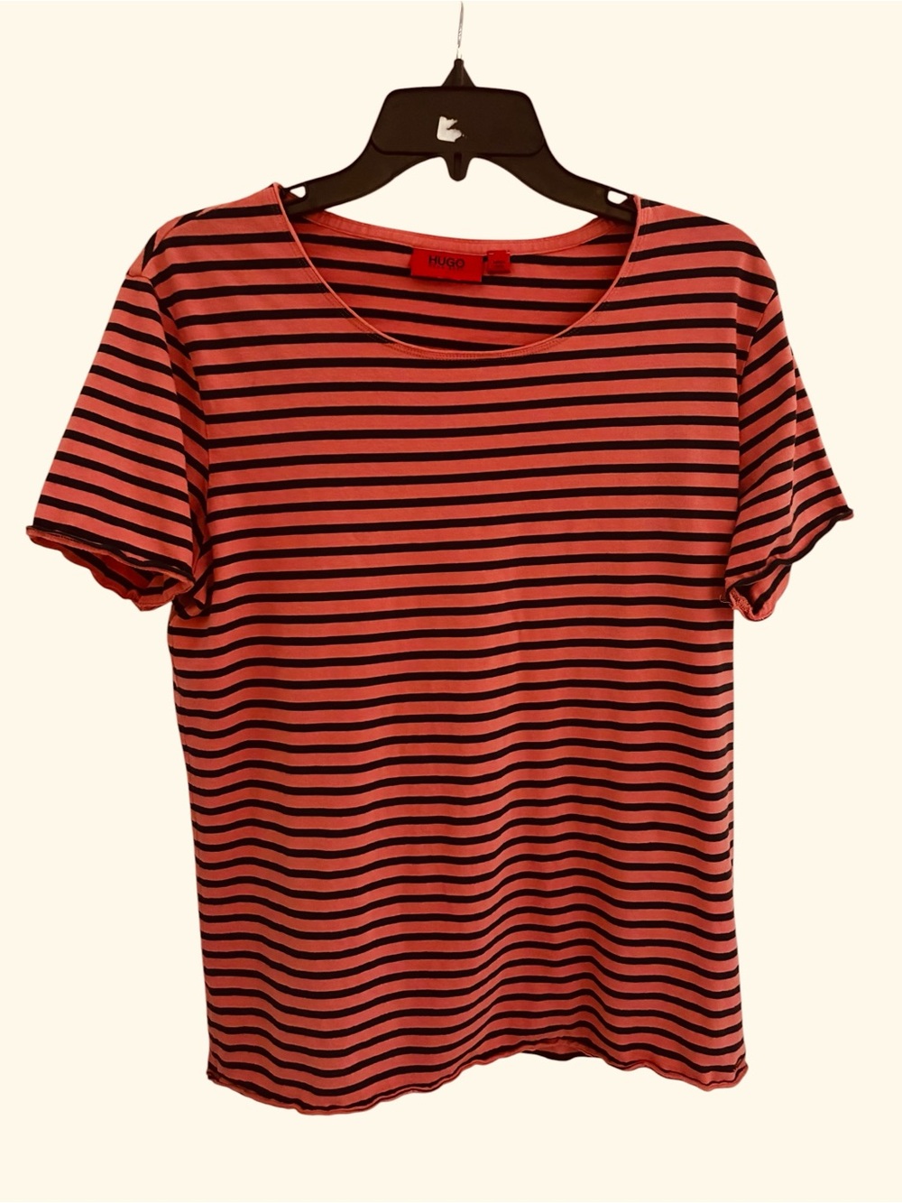 Hugo Boss Coral Pink and Black Striped Short Sleeve Tee Mens Size M